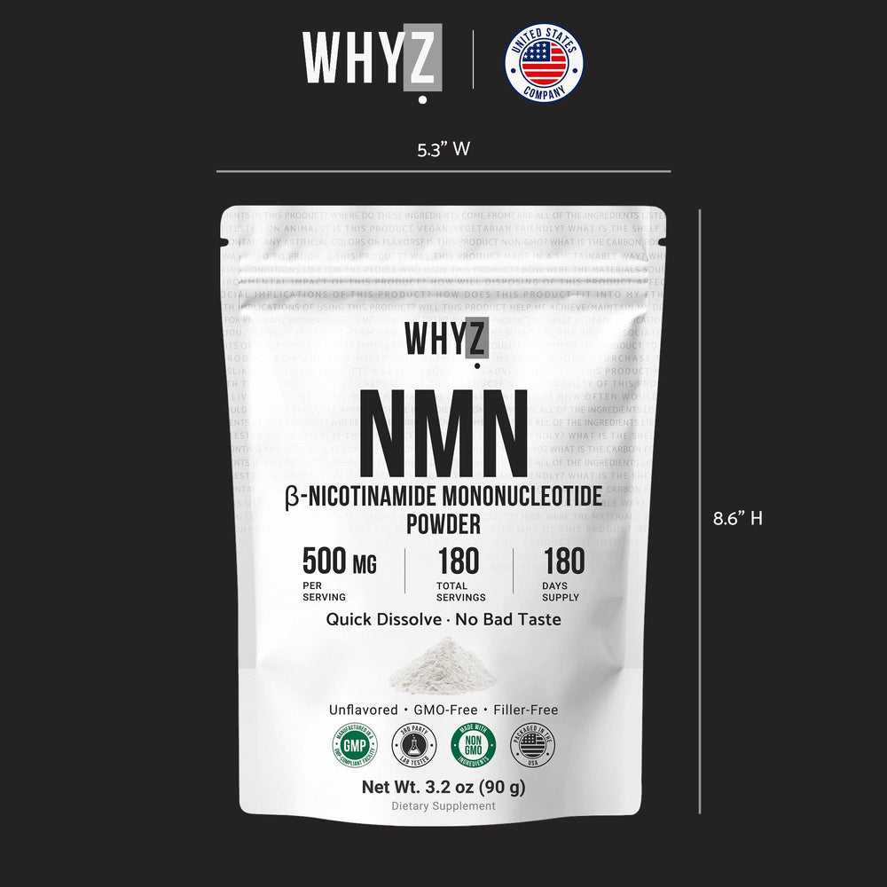 WHYZ comparación de tamaño del envase, 90 g y 180 porciones aproximadas