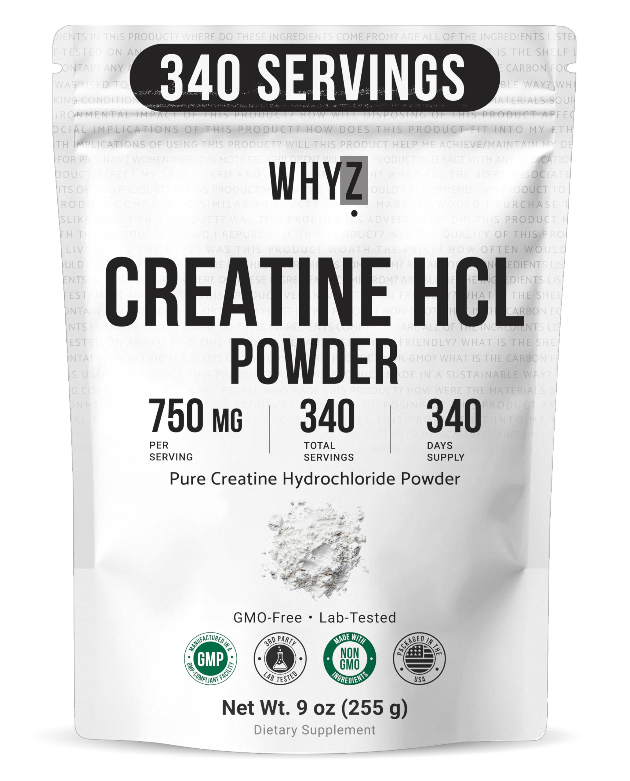 WHYZ envase frontal del Pure Creatine HCL muestra marca y información clara