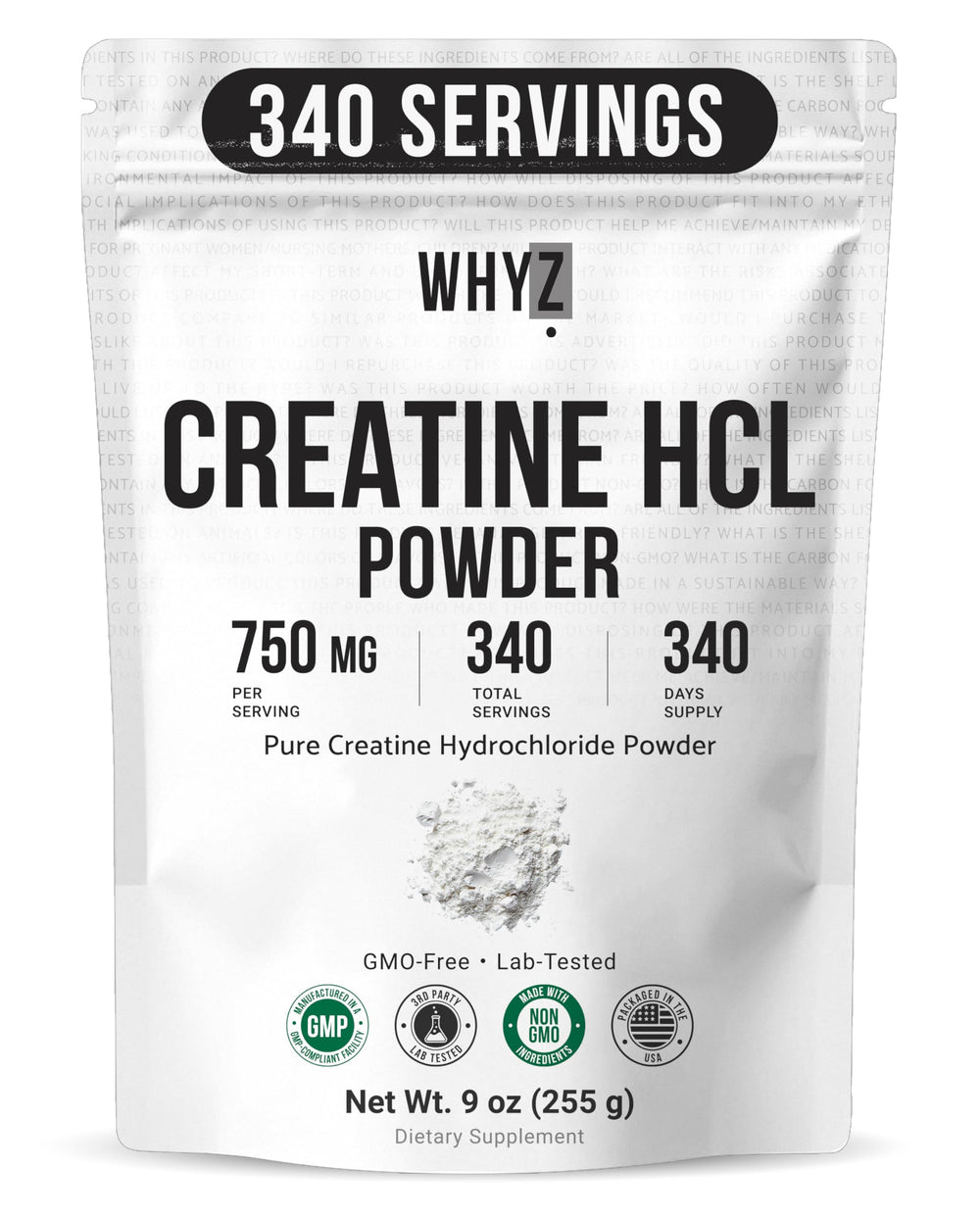 WHYZ envase frontal del Pure Creatine HCL muestra marca y información clara
