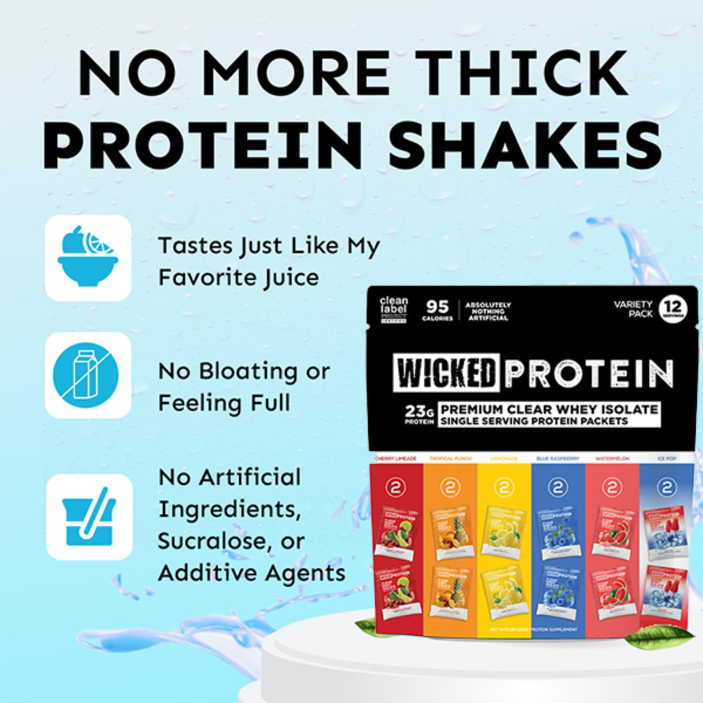 WICKED Protein bebida preparada en vaso con hielo, beneficio refrescante post-entreno