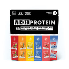 WICKED Protein pack frontal mostrando sobres y etiqueta, beneficio transparencia