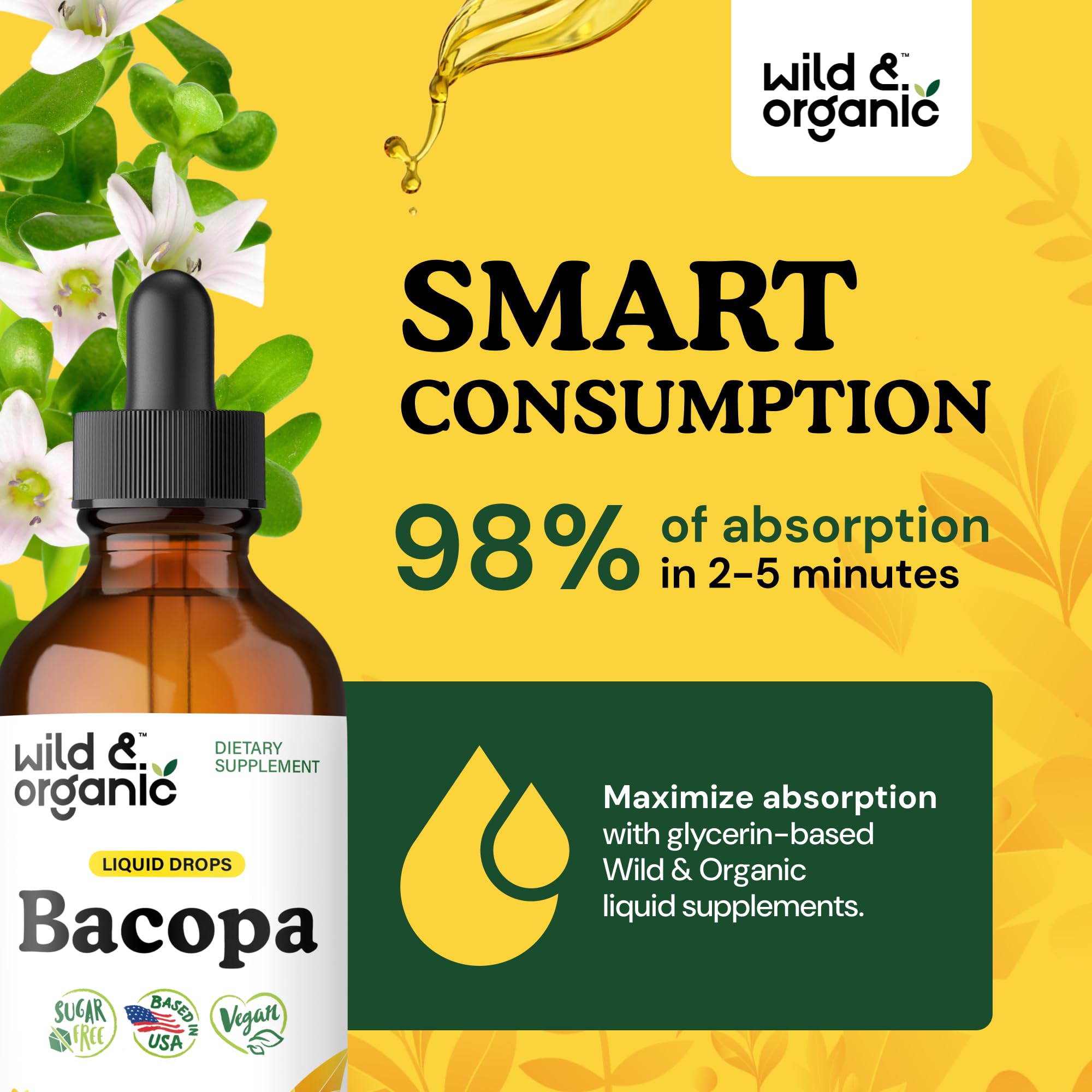 Wild & Organic botella abierta con gotero para administración precisa diaria