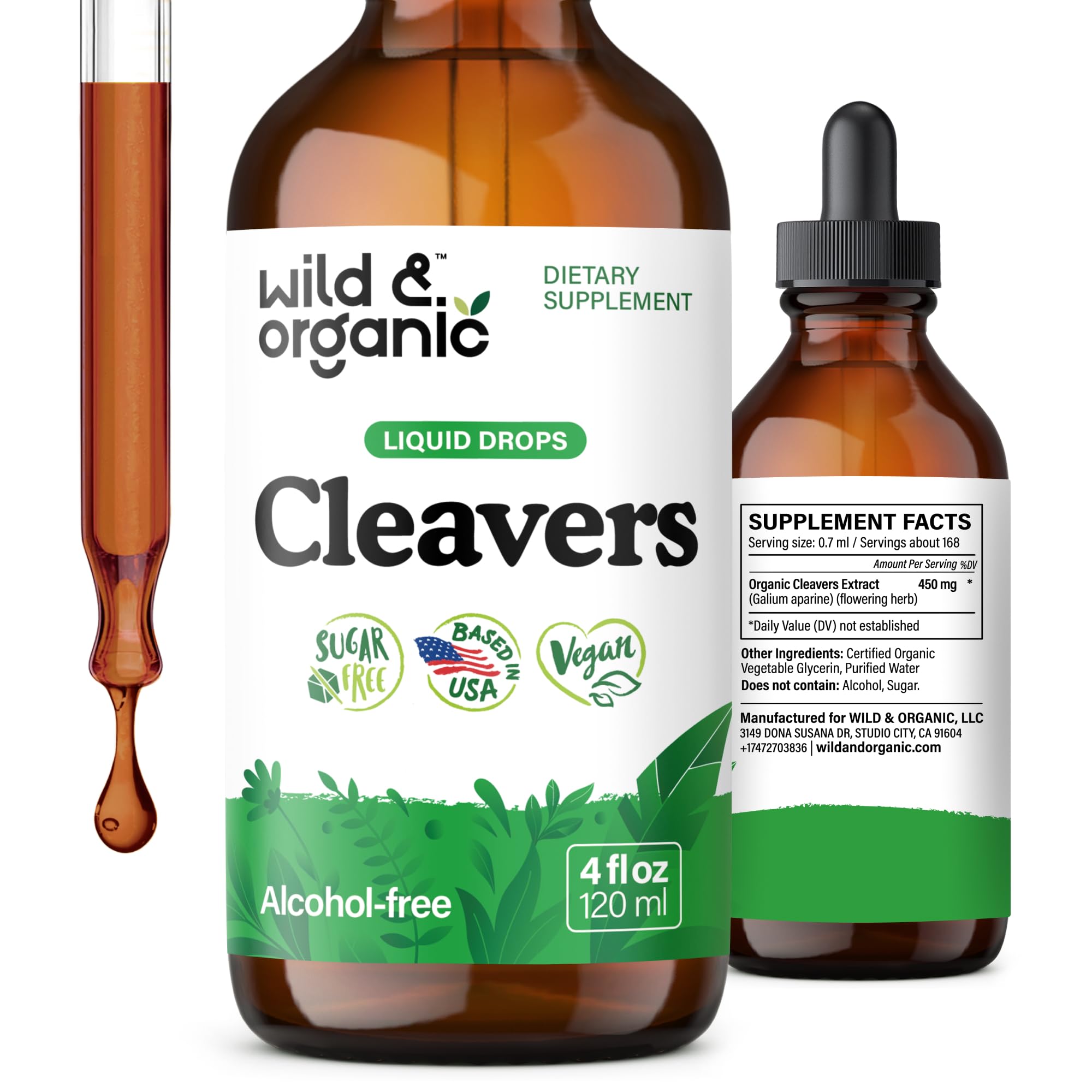 Wild & Organic frasco frontal mostrando etiqueta y tamaño, facilita identificación