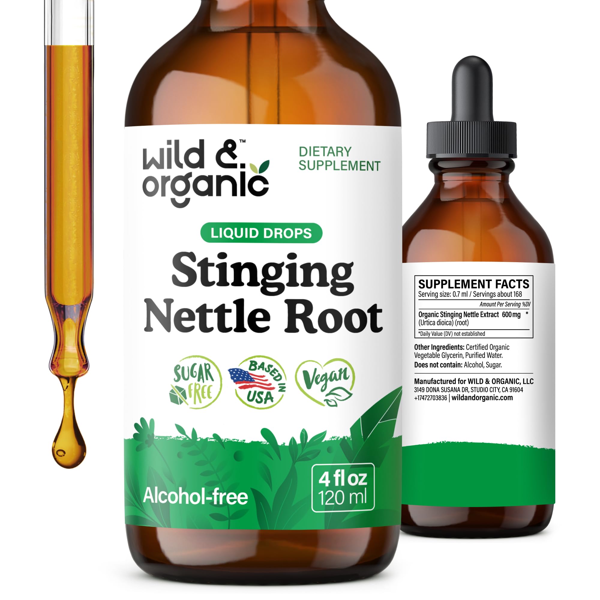 Wild & Organic frasco frontal mostrando etiqueta y tamaño práctico