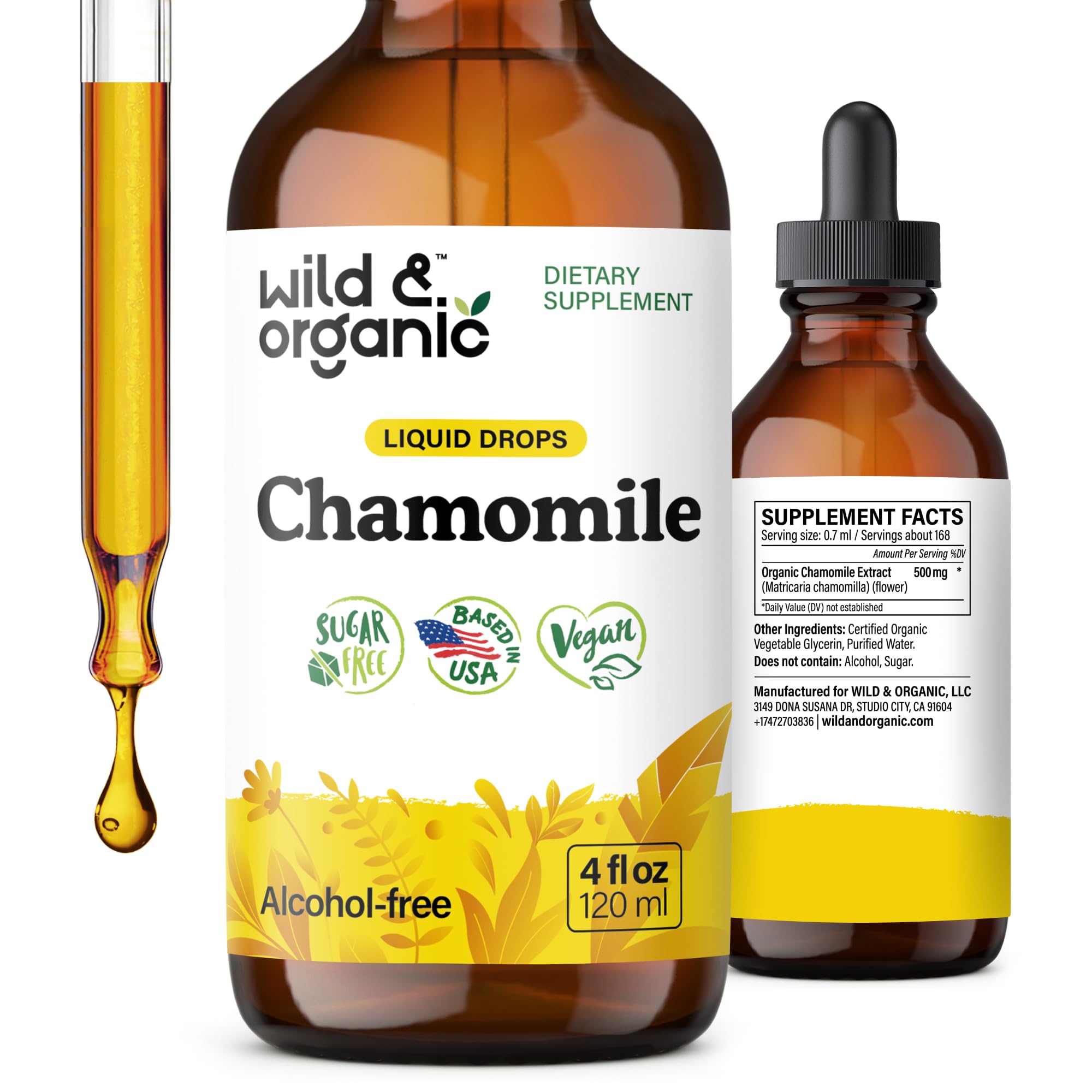 Wild & Organic frasco frontal de gotas de manzanilla mostrando diseño y tamaño útil
