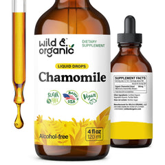 Wild & Organic frasco frontal de gotas de manzanilla mostrando diseño y tamaño útil