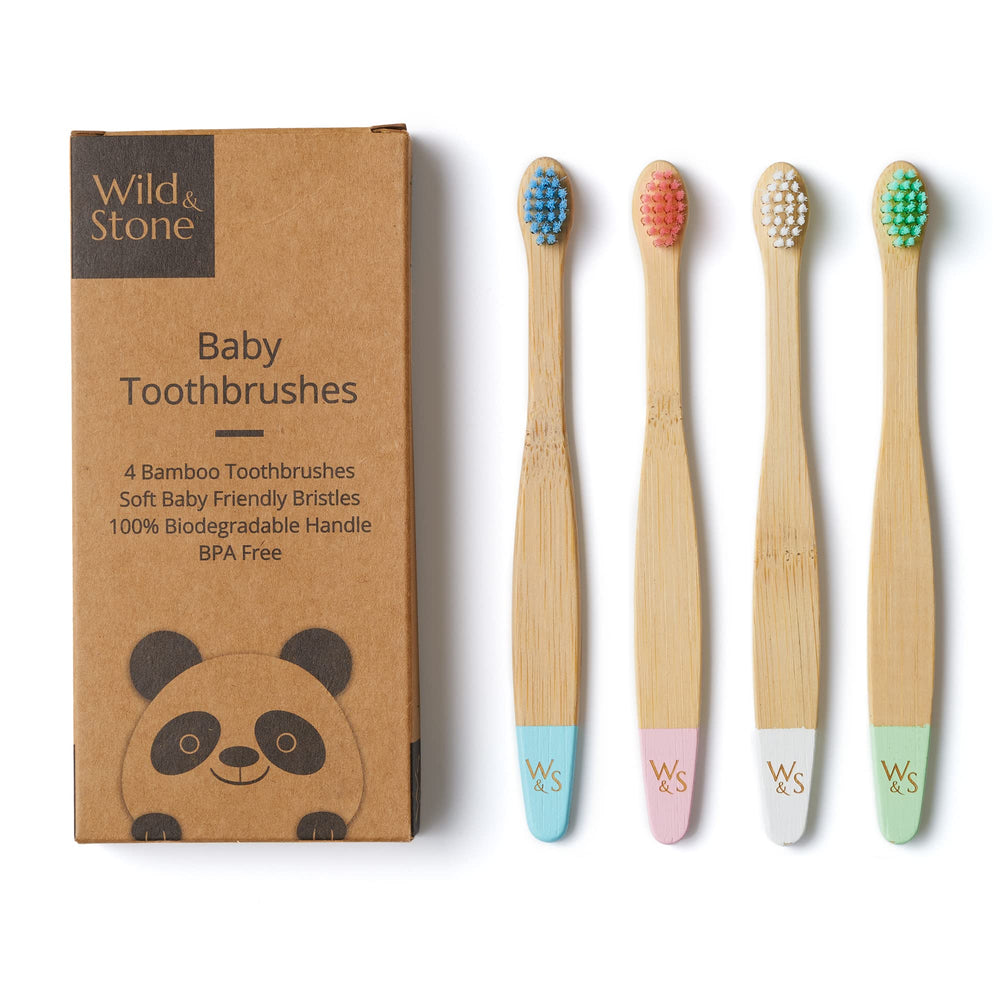Wild & Stone pack delantero mostrando 4 cepillos multicolor y embalaje kraft, promote sostenibilidad