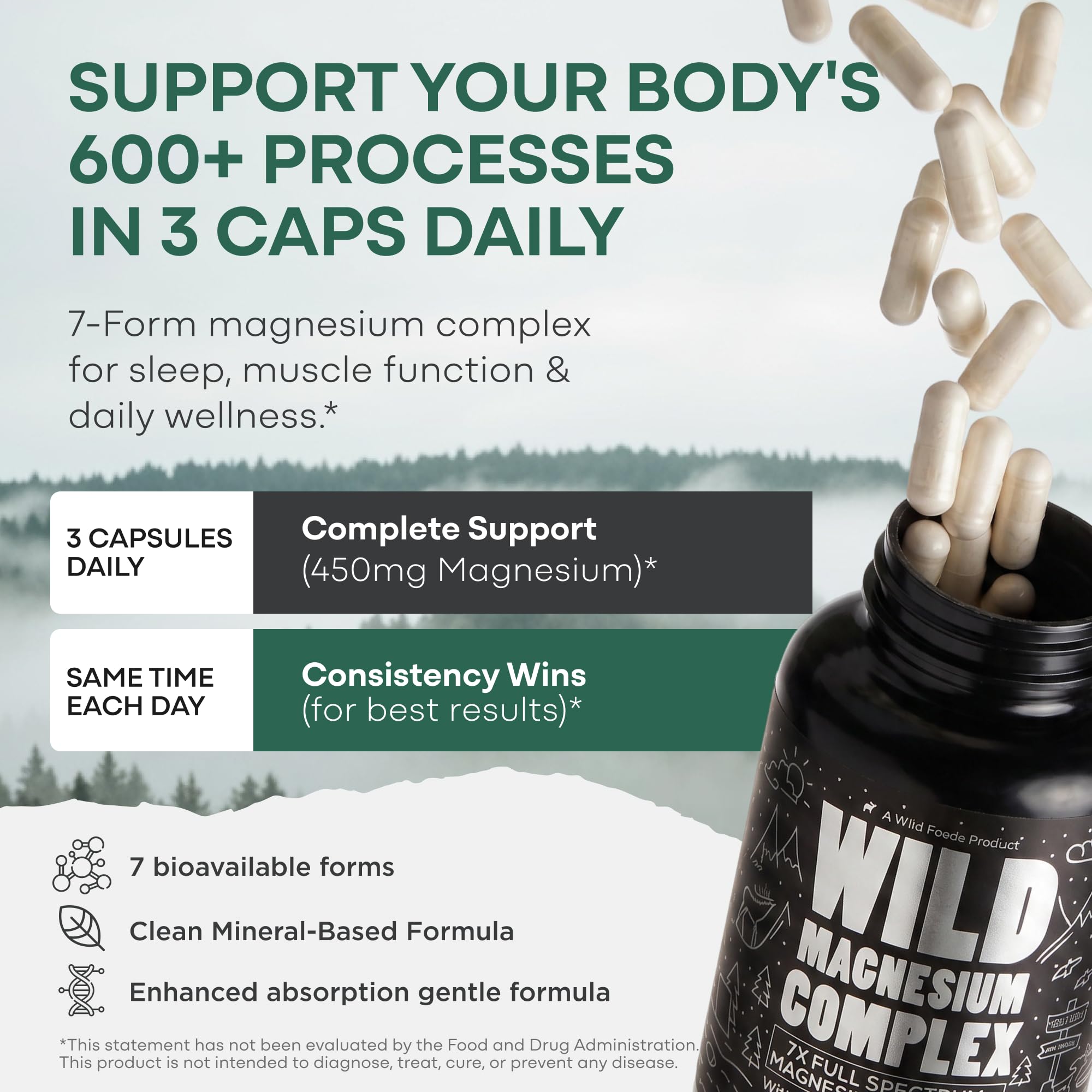 Wild Foods cápsulas en la mano para comparar tamaño y conveniencia de uso