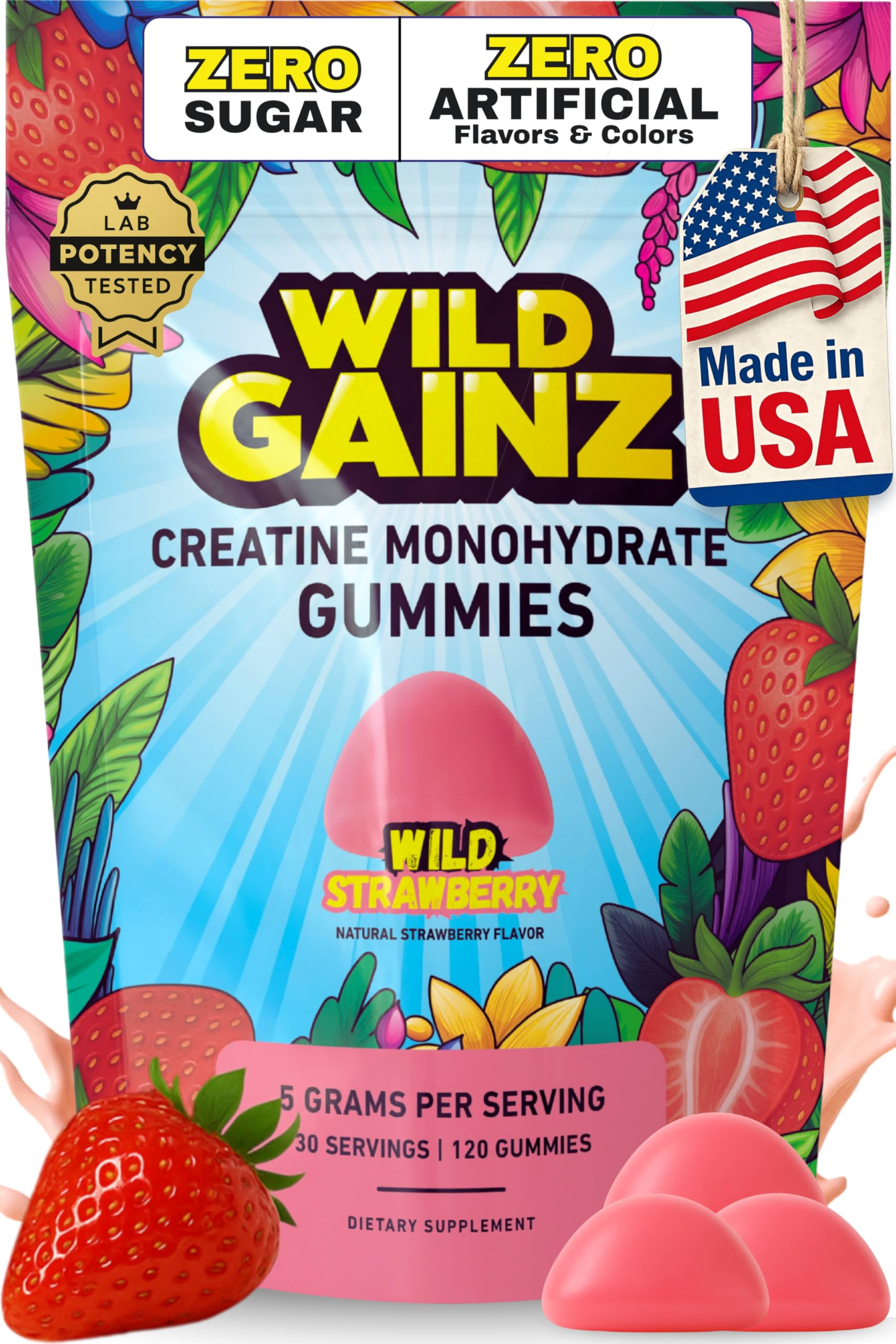 WILD GAINZ frente del empaque mostrando 120 gomitas y conveniencia