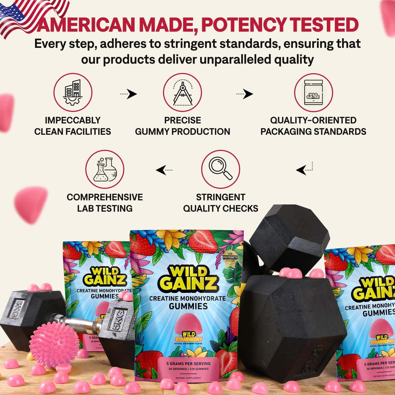 WILD GAINZ sello vegano y sin GMO destacando compatibilidad dietética