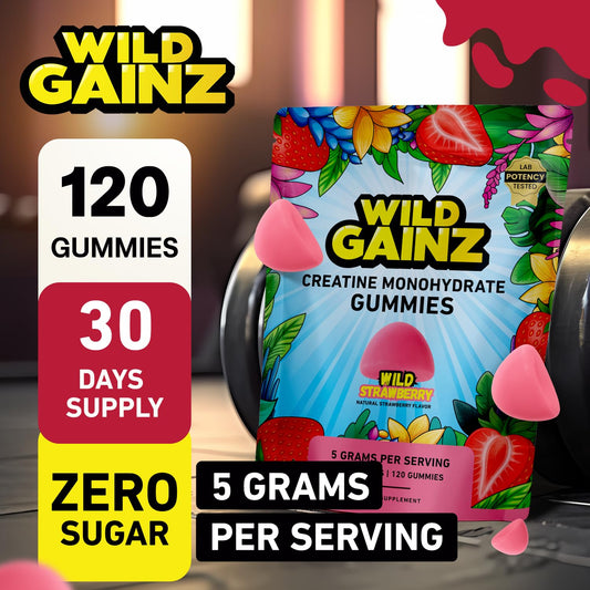 WILD GAINZ textura de la gomita fresa resaltando textura masticable