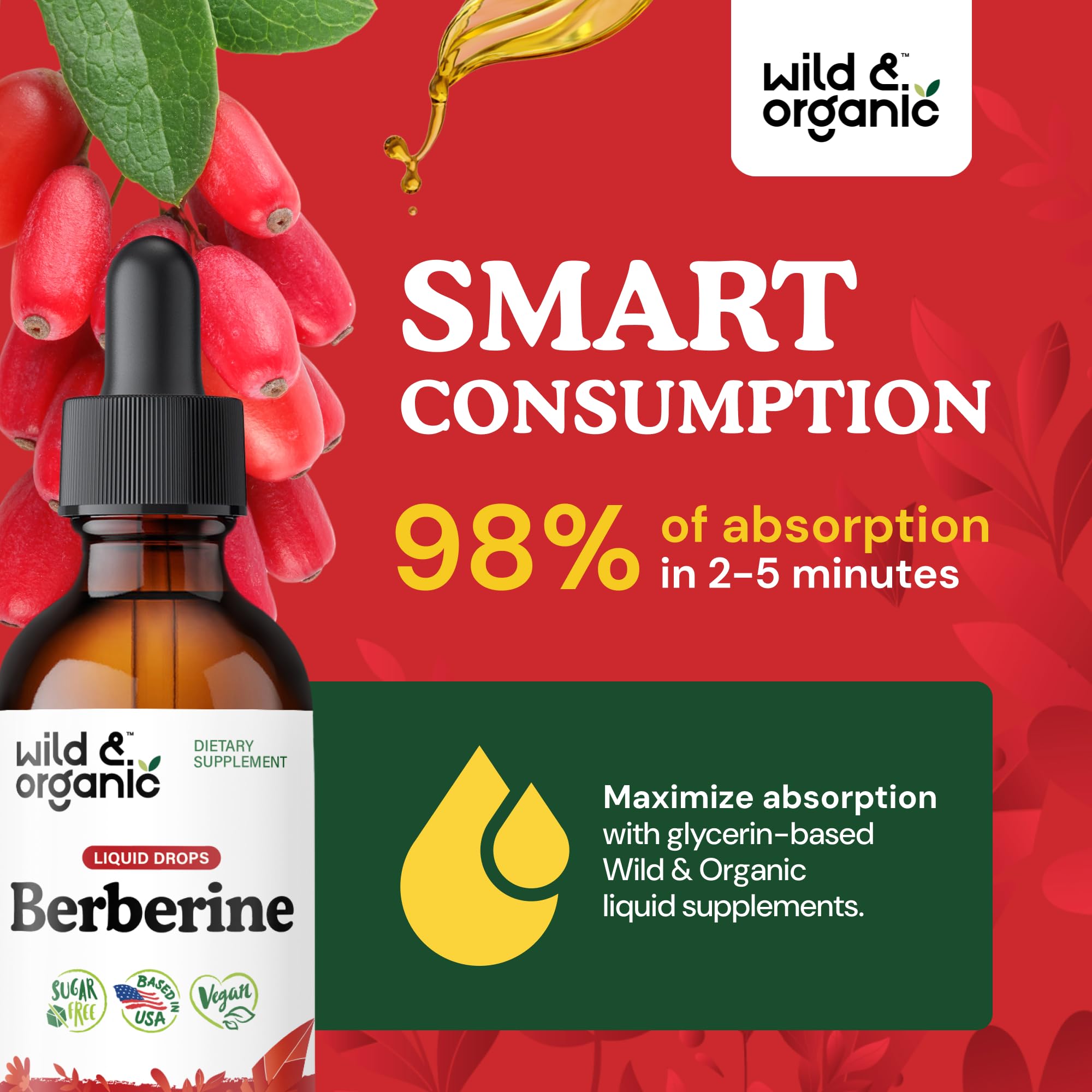 Wild & Organic cuentagotas vertiendo dosis precisa para facilidad de uso