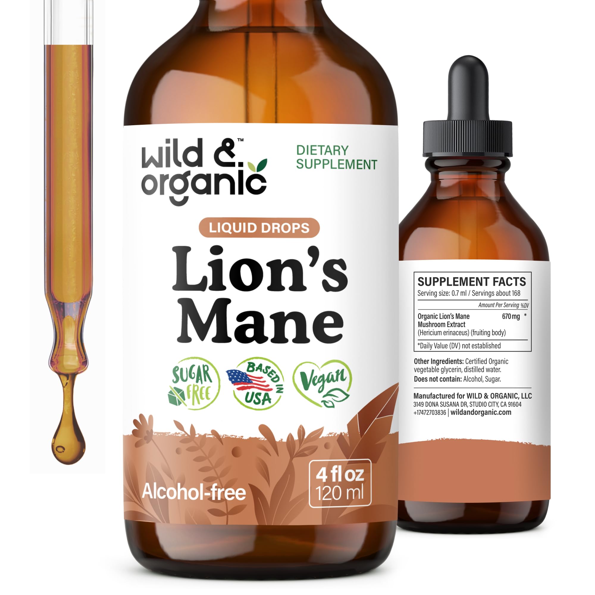 Wild & Organic frasco frontal de Lions Mane líquido mostrando etiqueta clara y tamaño