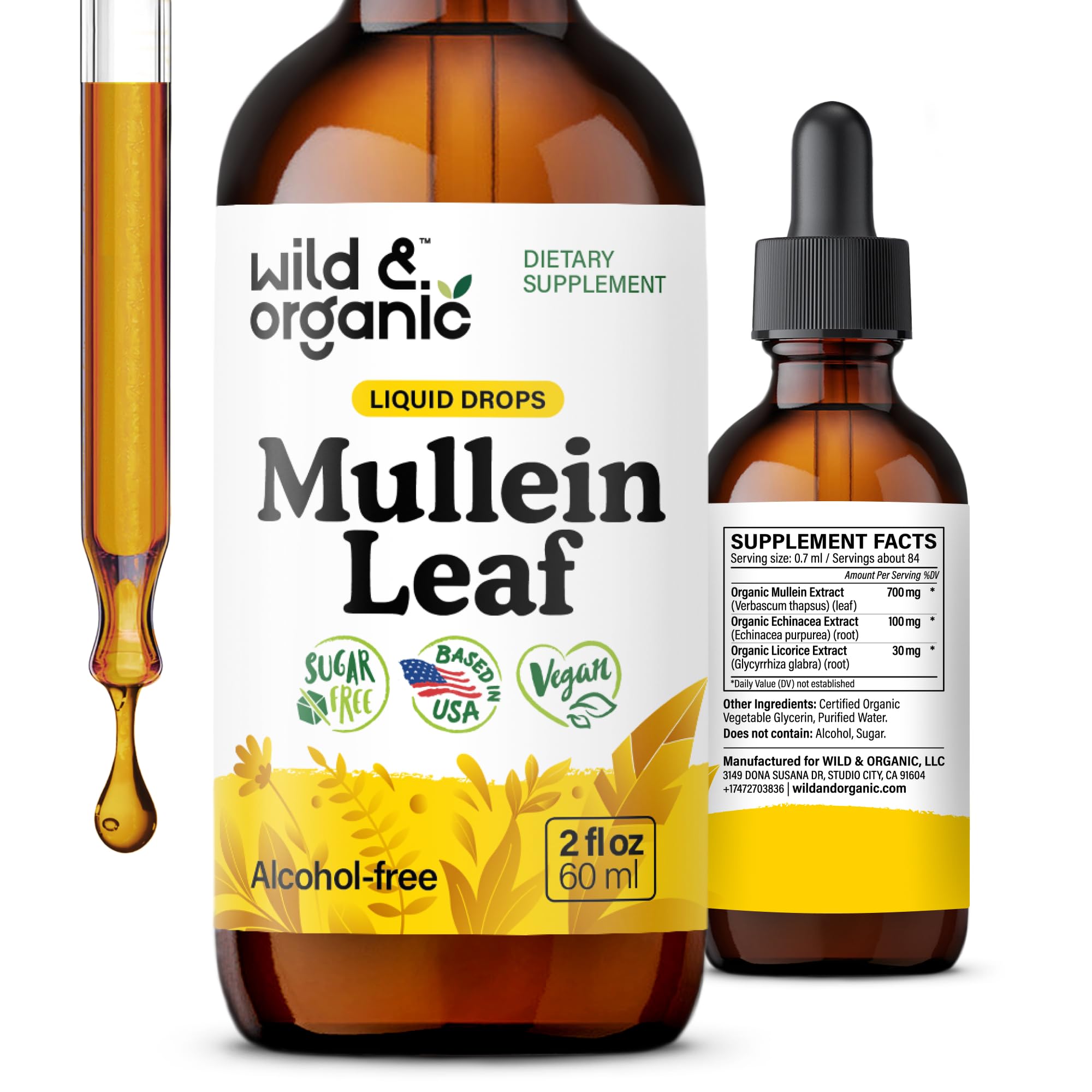 Wild & Organic frasco frontal mostrando la etiqueta y beneficio de apoyo respiratorio