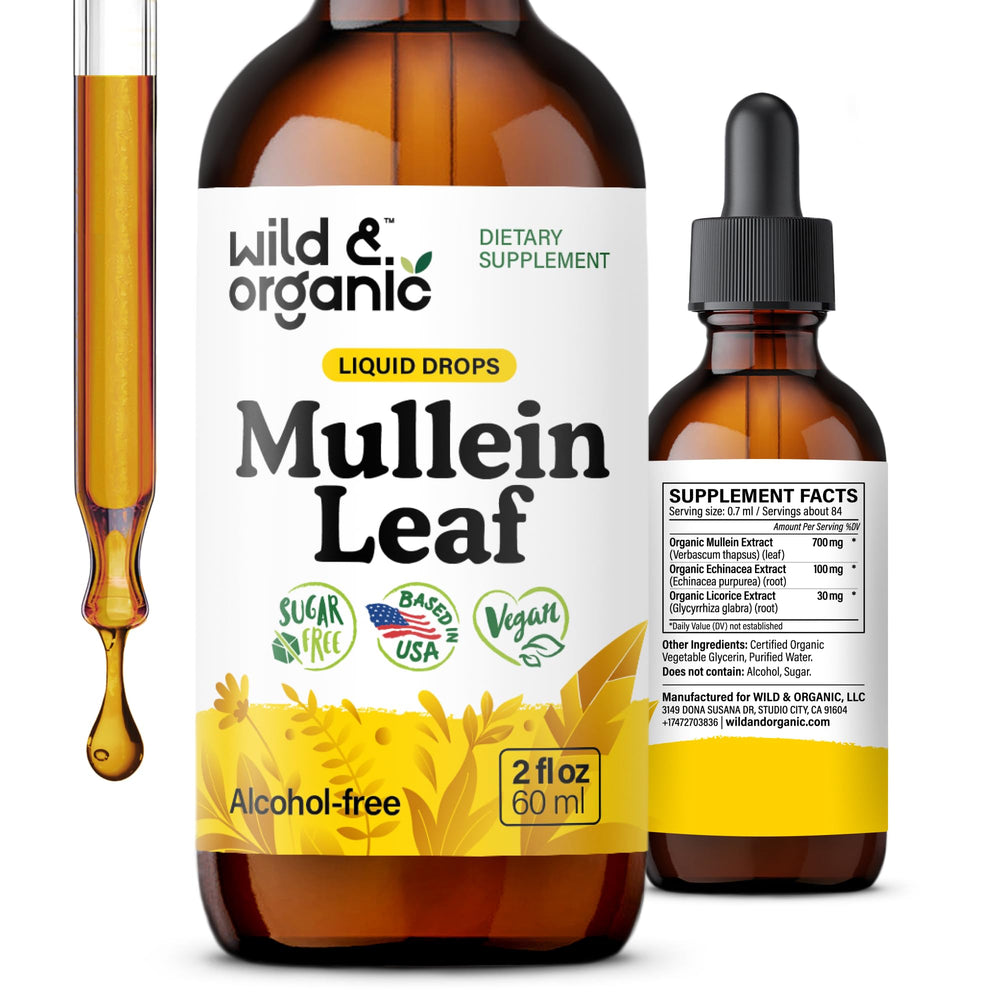 Wild & Organic frasco frontal mostrando la etiqueta y beneficio de apoyo respiratorio