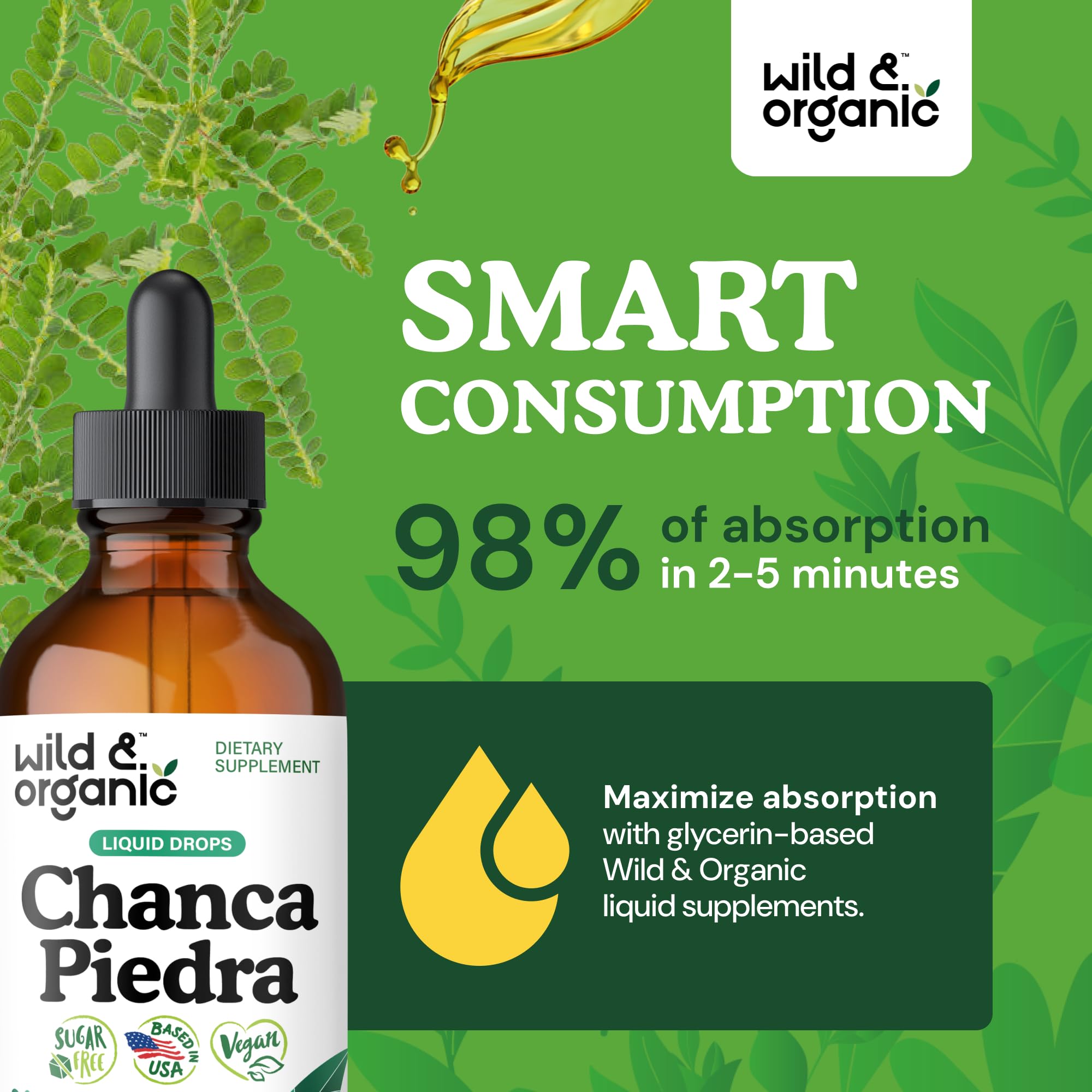 Wild & Organic dosis en gotero en mano para fácil administración y conveniencia