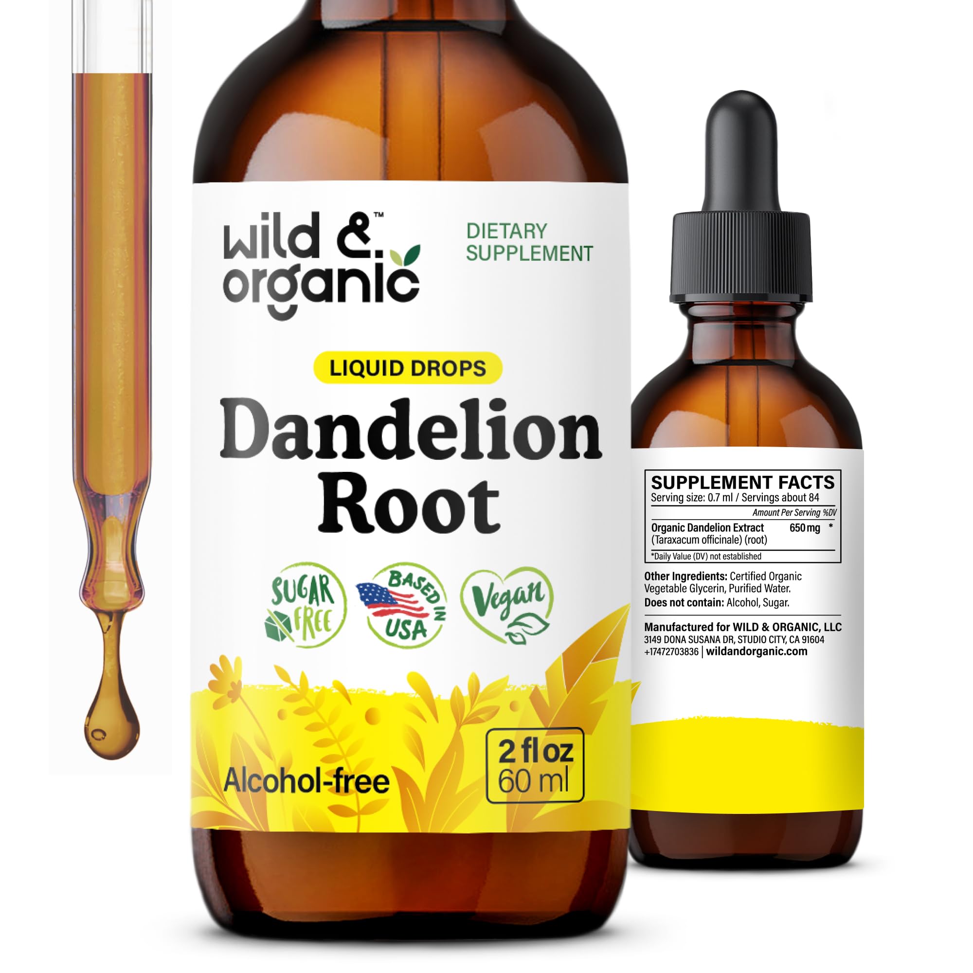 Wild & Organic frasco frontal mostrando etiqueta y beneficio hepático