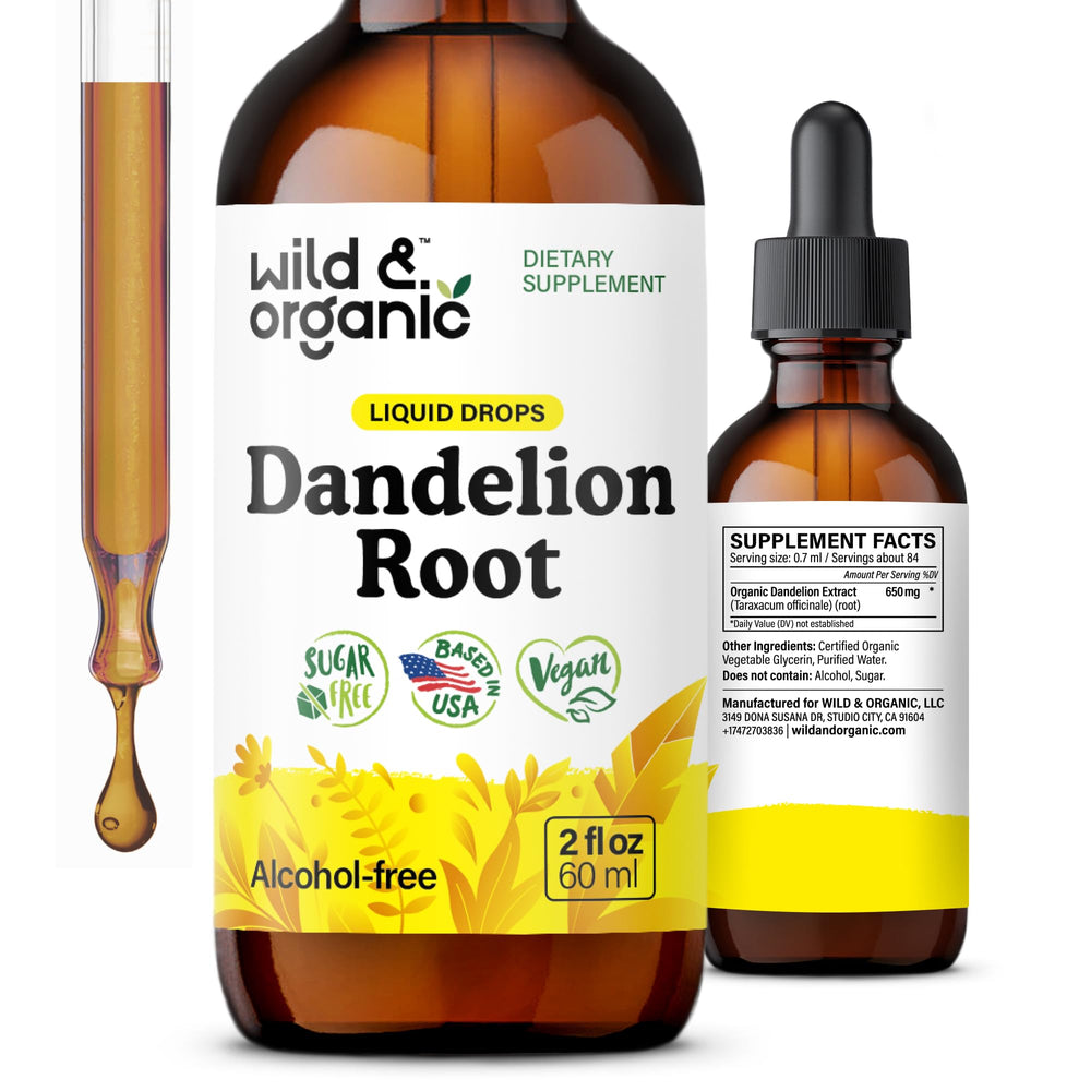 Wild & Organic frasco frontal mostrando etiqueta y beneficio hepático
