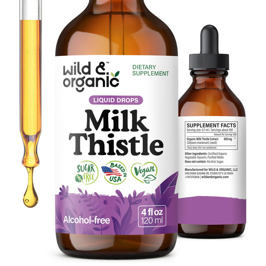 Wild & Organic frasco 4 oz de gotas de cardo mariano, fácil dosificación