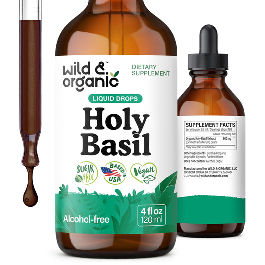 Wild & Organic tintura de albahaca sagrada, frasco de 4 onzas para relajación suave.