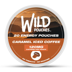 Wild Pouches lata frontal mostrando diseño y sabor caramelo coffee para energía rápida