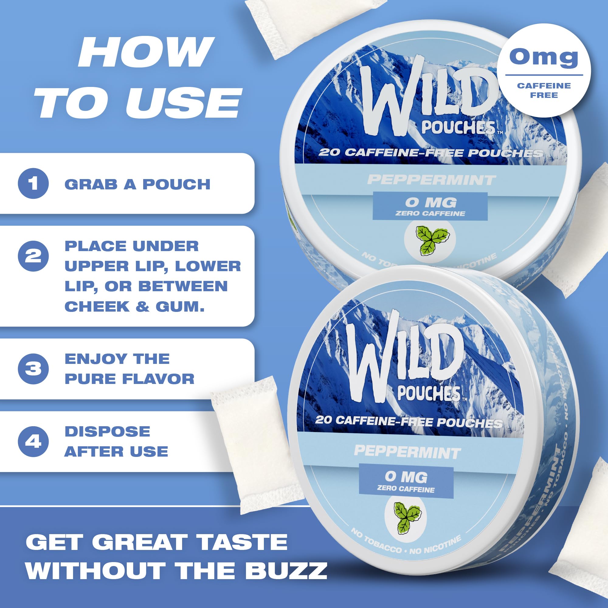 Wild Pouches lata abierta con 20 bolsitas mostrando cantidad por envase