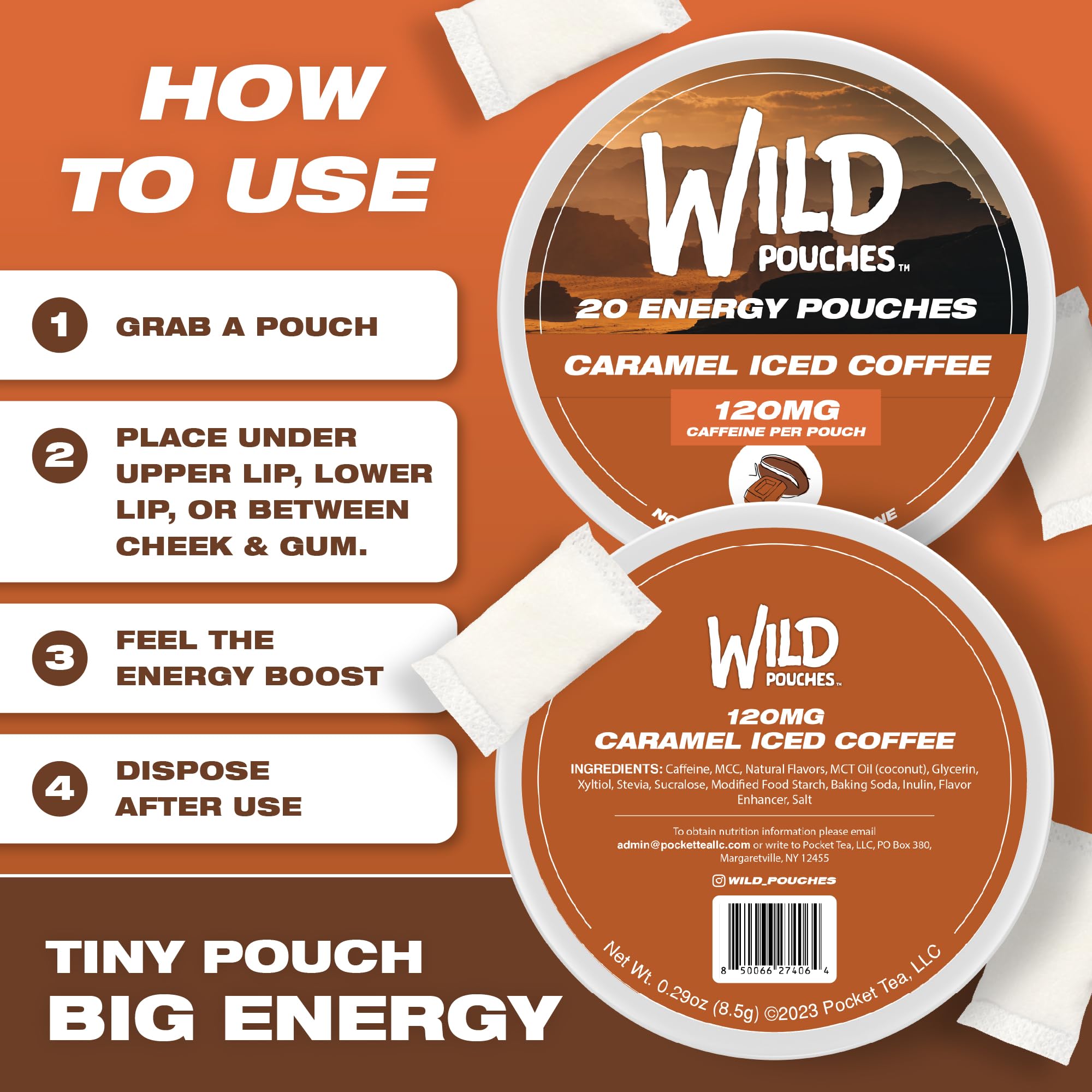 Primer plano de la etiqueta Wild Pouches con información de cafeína y uso seguro