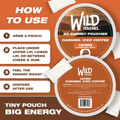 Primer plano de la etiqueta Wild Pouches con información de cafeína y uso seguro