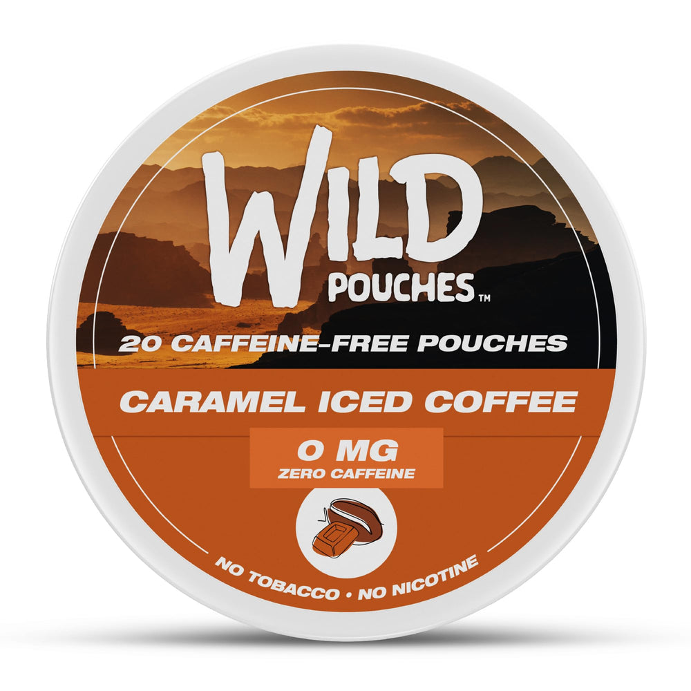 Wild Pouches frente del envase con sabor caramelo café iced y apariencia atractiva