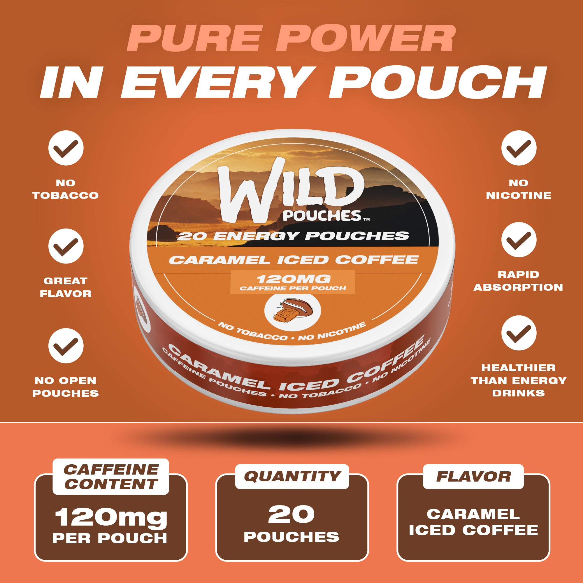 Wild Pouches lata abierta con 20 bolsitas visibles, conveniencia y dosificación clara