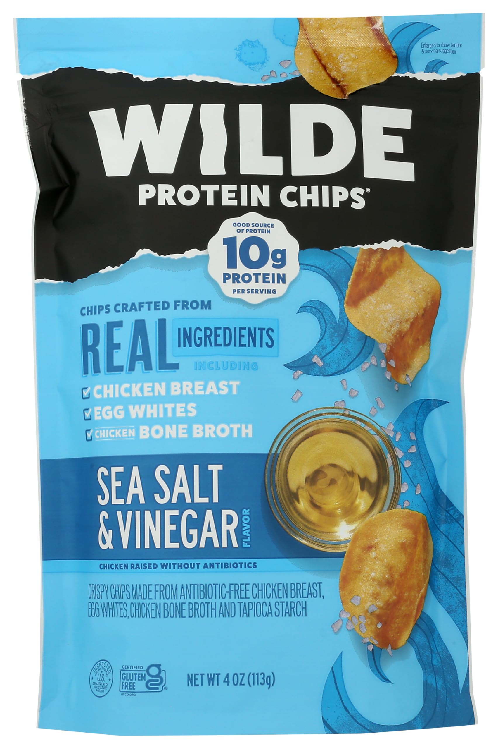 Wilde Chips bolsa frontal mostrando el diseño y el beneficio proteico