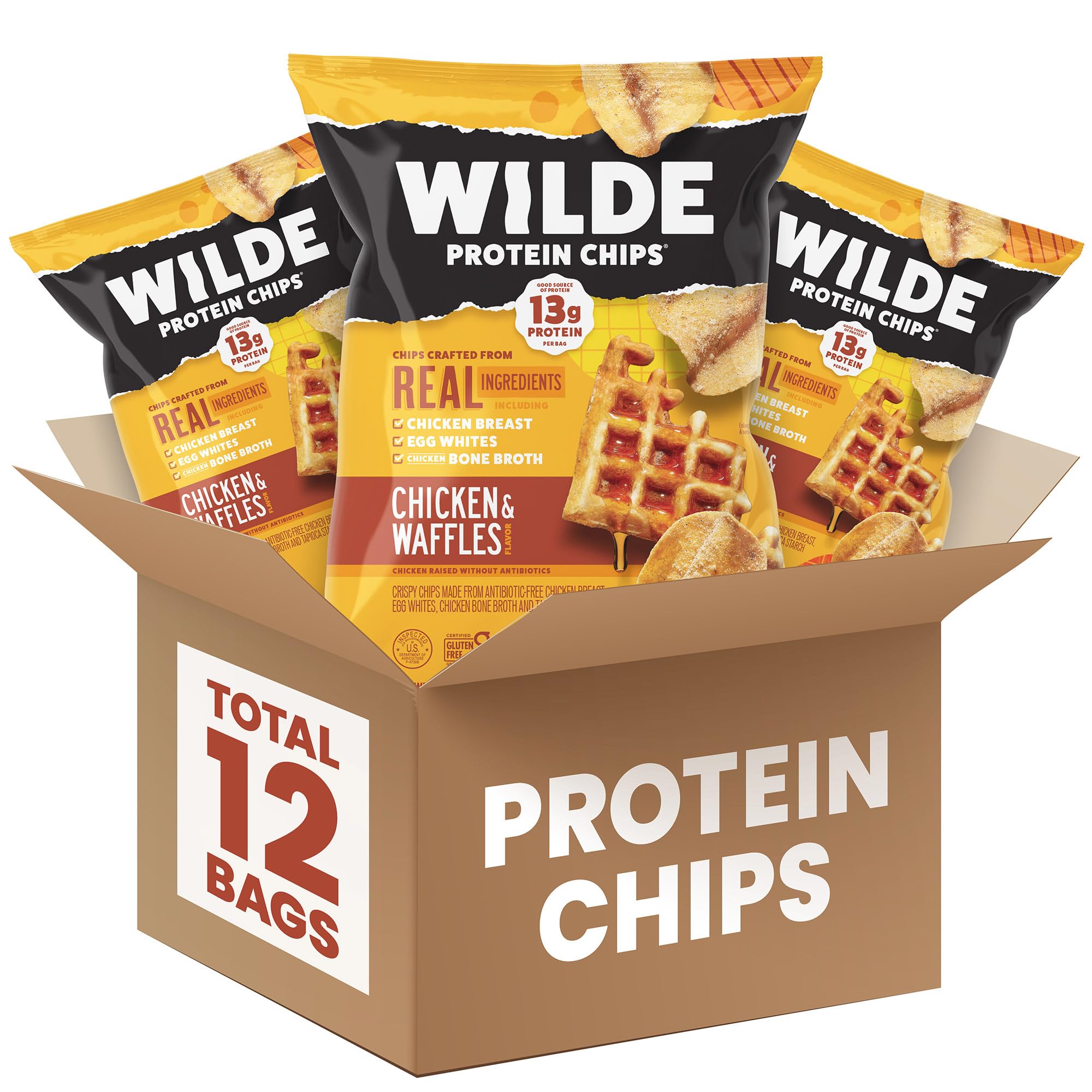 Wilde frente del empaque Chicken & Waffles muestra diseño y tamaño portátil