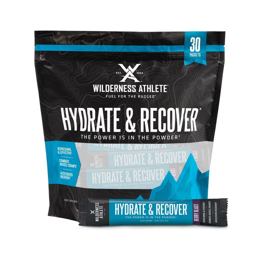 Wilderness Athlete frente del empaque mostrando 30 sobres y beneficios