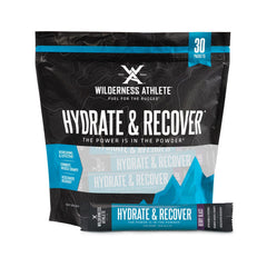 Wilderness Athlete frente del empaque mostrando 30 sobres y beneficios