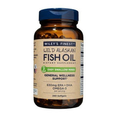 Wiley's Finest envase frontal mostrando cantidad y ventaja de omega‑3