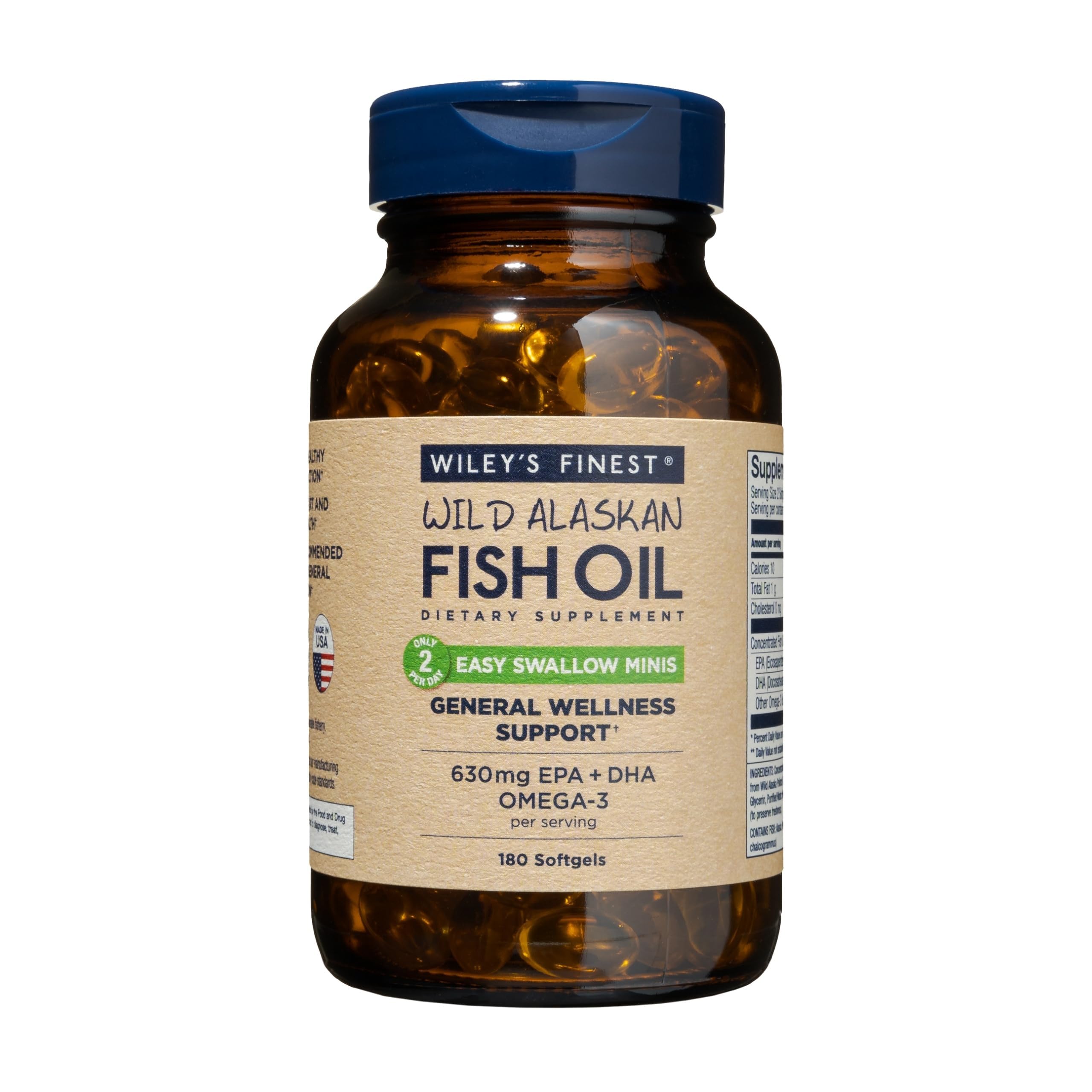 Wiley's Finest frasco delantero mostrando etiqueta y beneficio de omega-3