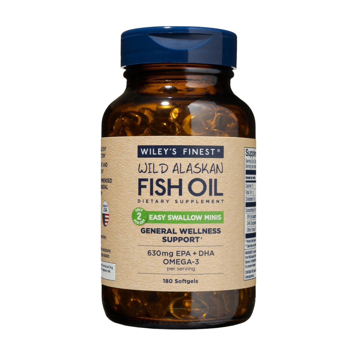 Wiley's Finest frasco delantero mostrando etiqueta y beneficio de omega-3