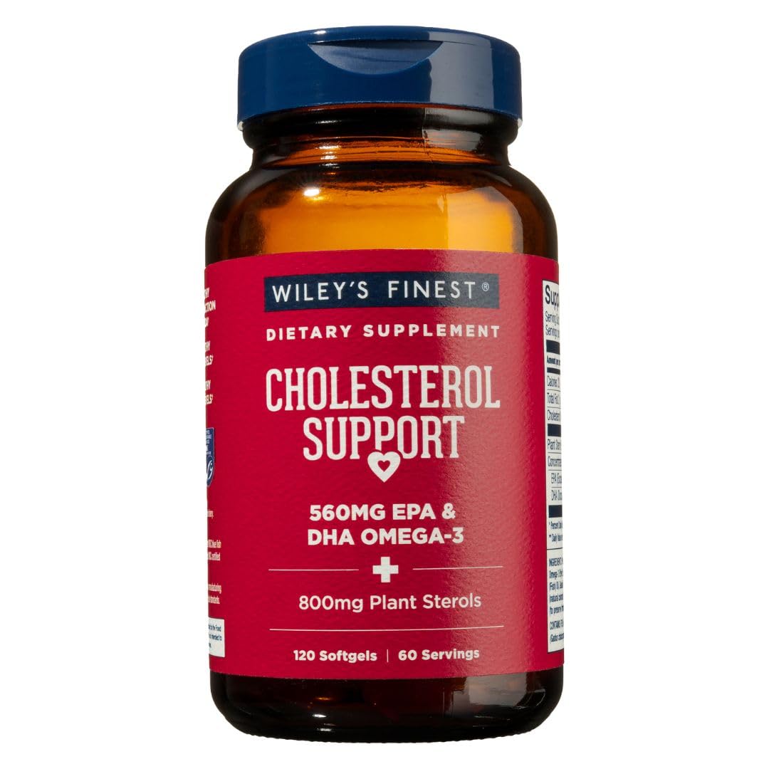 Wiley's Finest frasco delantero mostrando la etiqueta y beneficio cardiovascular