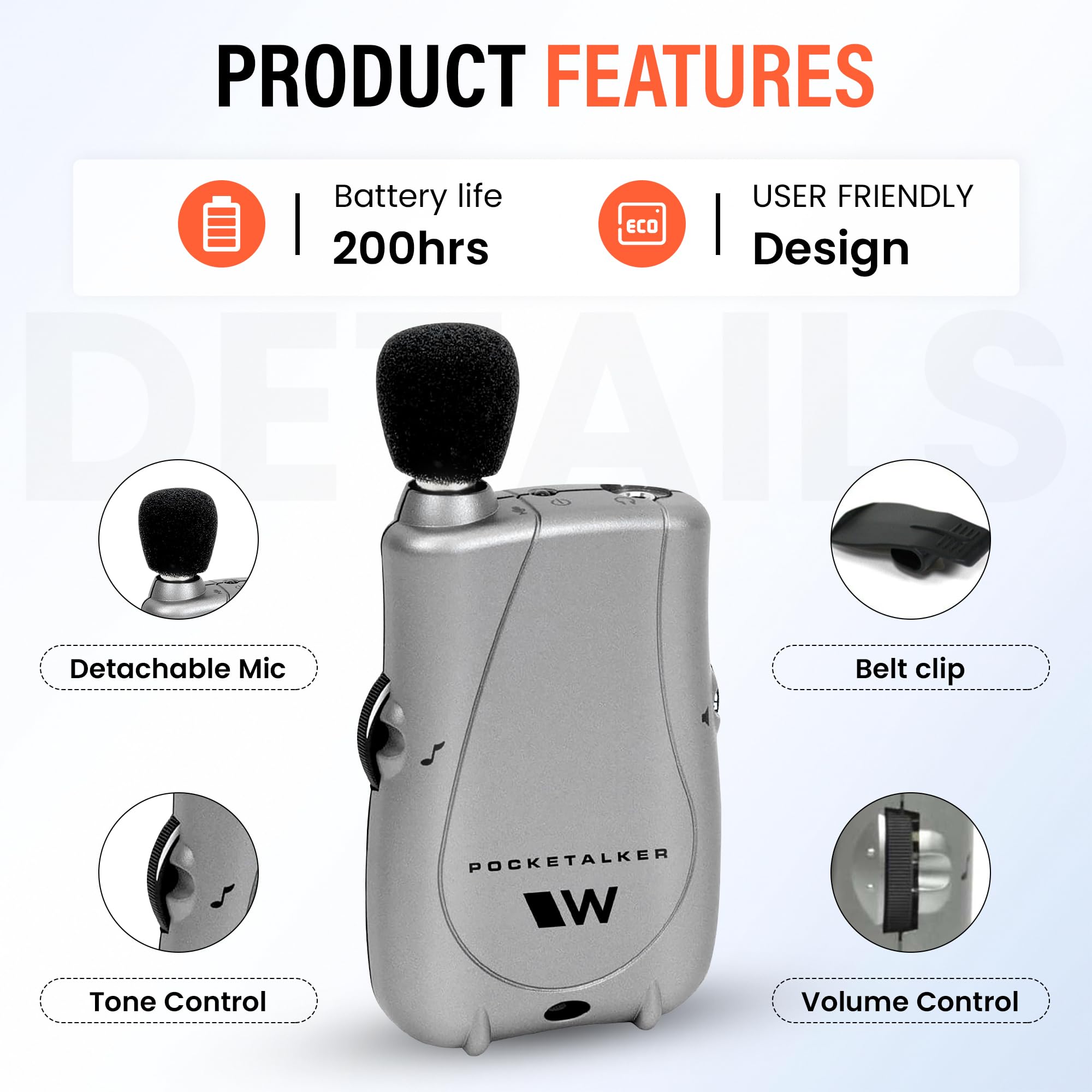 Williams Sound Pocketalker con auriculares HED021 para escucha estéreo más clara