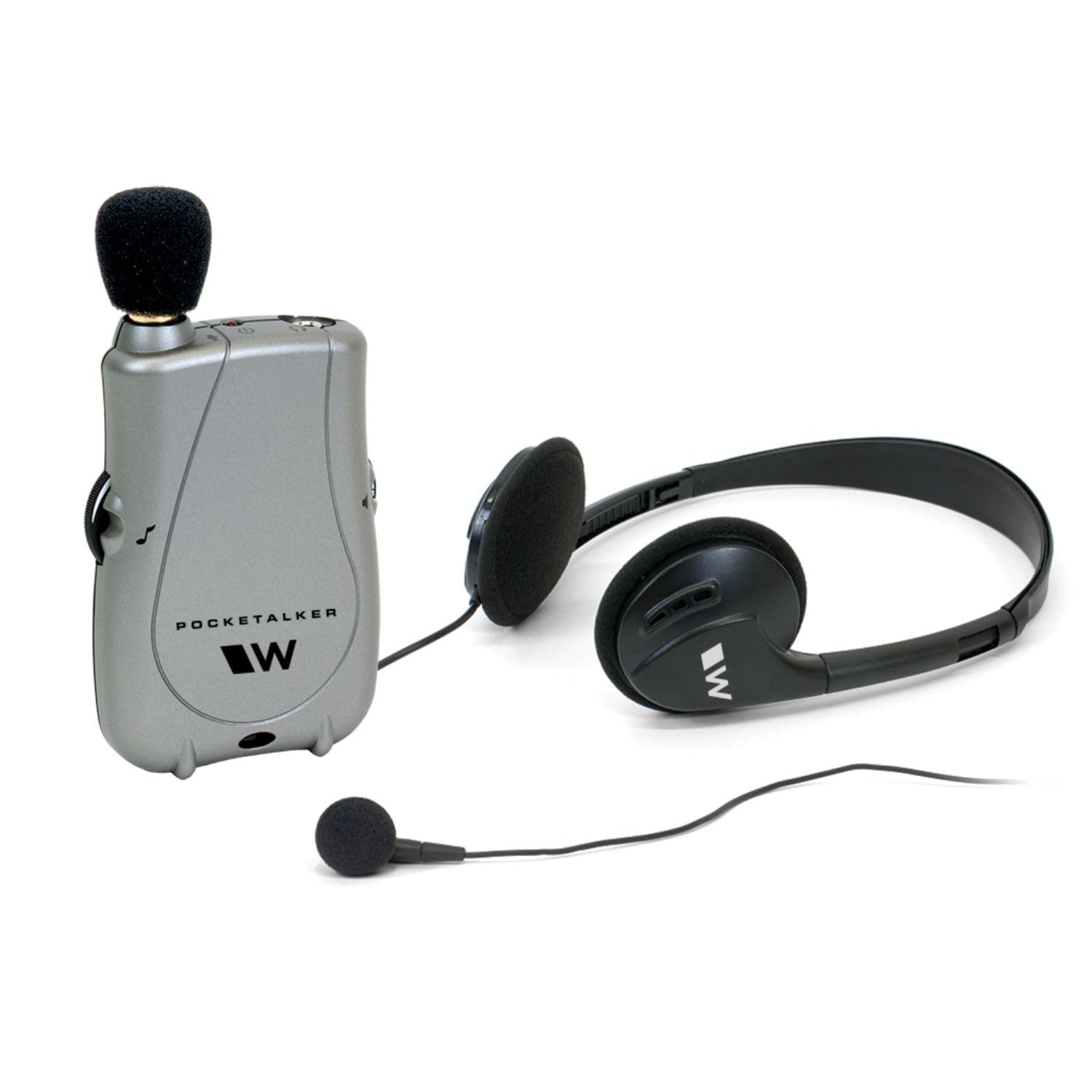 Williams Sound PockeTalker Ultra vista frontal con controles, mejora la claridad