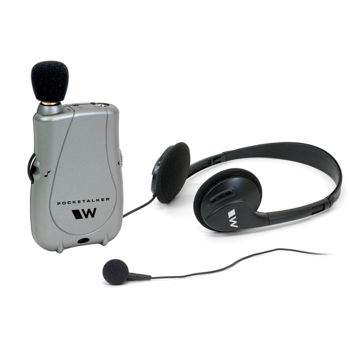 Williams Sound PockeTalker Ultra vista frontal con controles, mejora la claridad