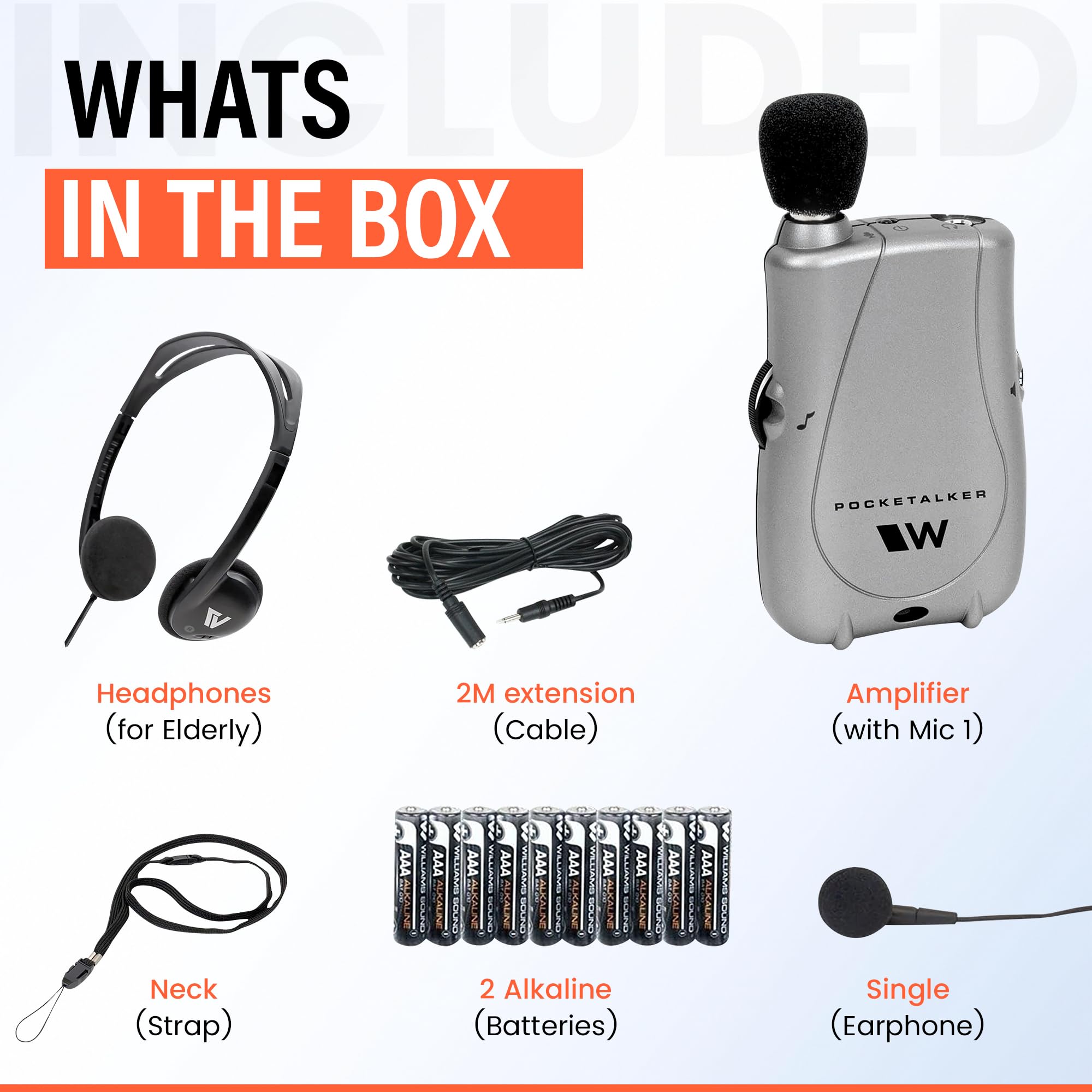 Williams Sound Pocketalker micrófono en primer plano reduciendo ruido ambiente