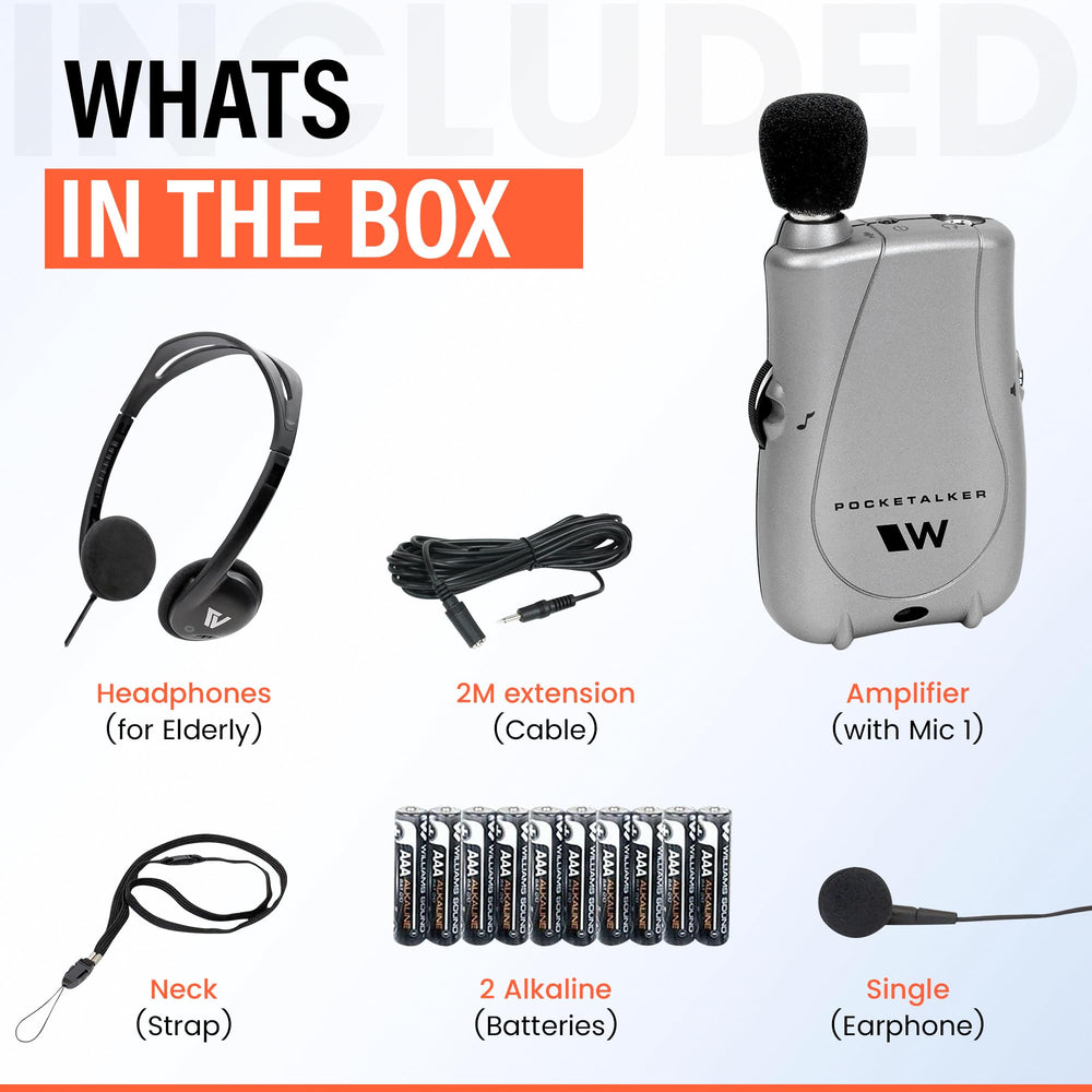 Williams Sound Pocketalker micrófono en primer plano reduciendo ruido ambiente