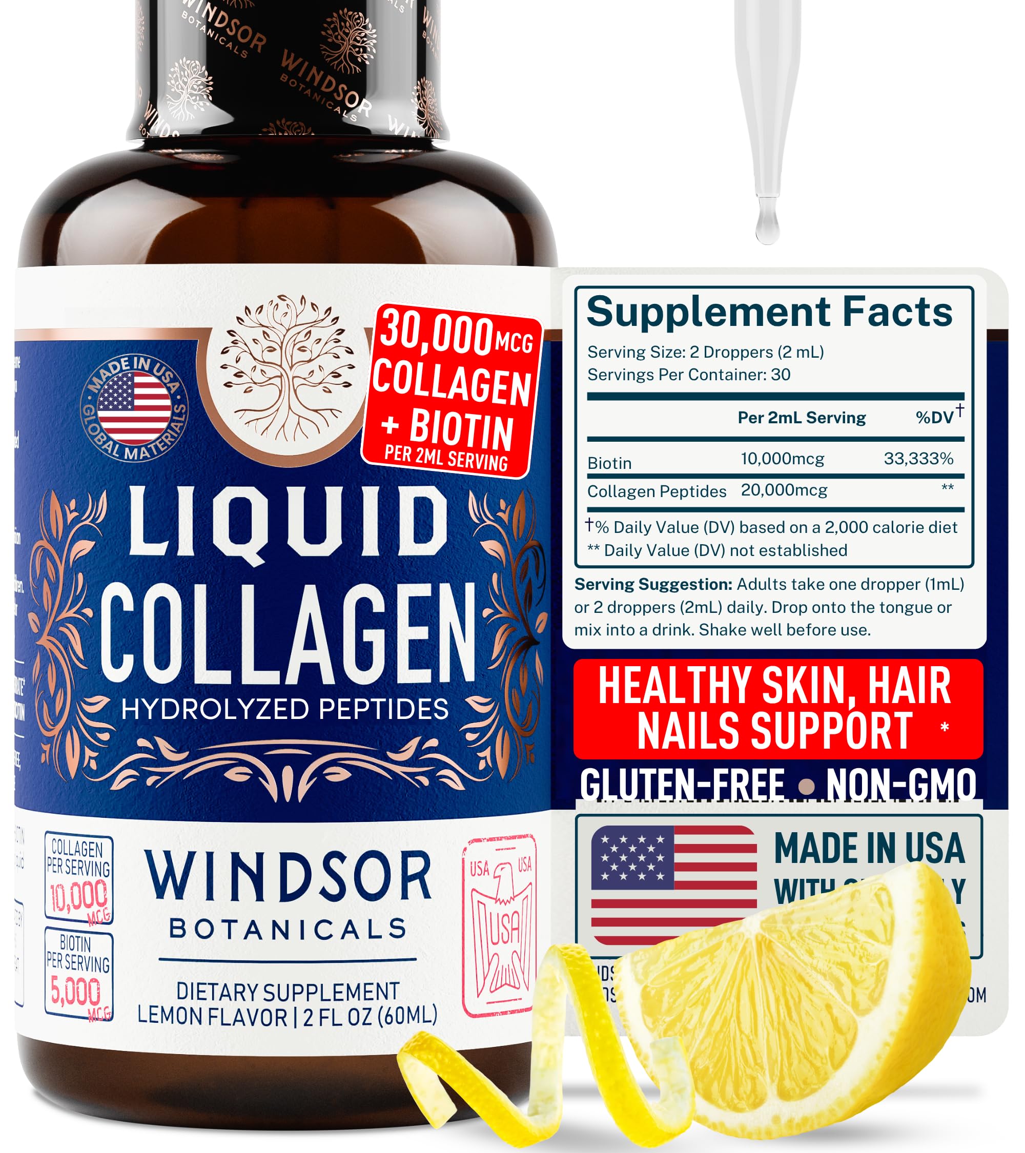 WINDSOR BOTANICALS frente del envase mostrando 2 oz y sabor limón