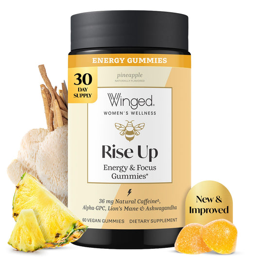 Winged Wellness envase frontal mostrando gomitas y beneficio de energía sostenida