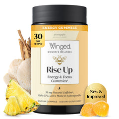 Winged Wellness envase frontal mostrando gomitas y beneficio de energía sostenida
