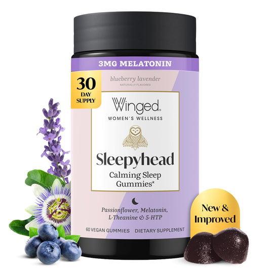 Winged Wellness frasco frontal mostrando 60 gominolas, apoya un sueño natural