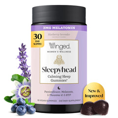 Winged Wellness frasco frontal mostrando 60 gominolas, apoya un sueño natural