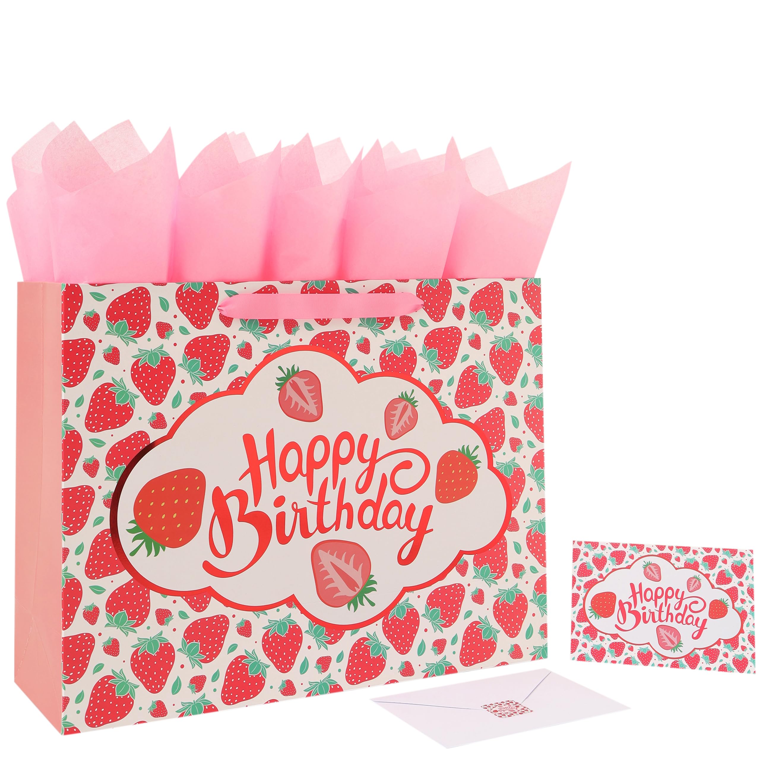 wishinside vista frontal de la bolsa con estampado de fresas, presenta el regalo con estilo