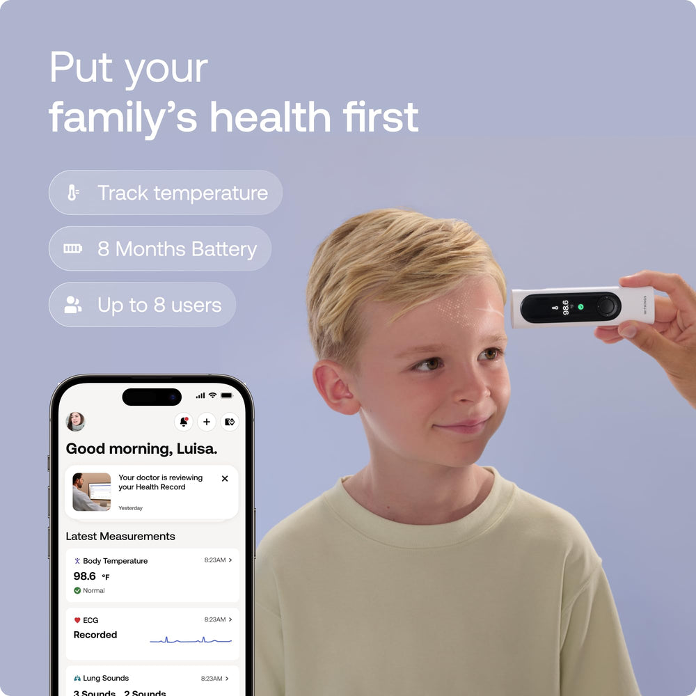 Withings BeamO sensor infrarrojo en primer plano para medición sin contacto precisa